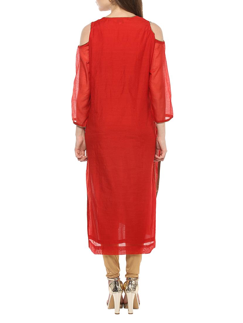 red chanderi solid kurta - 15082249 - Zoom Image - 3
