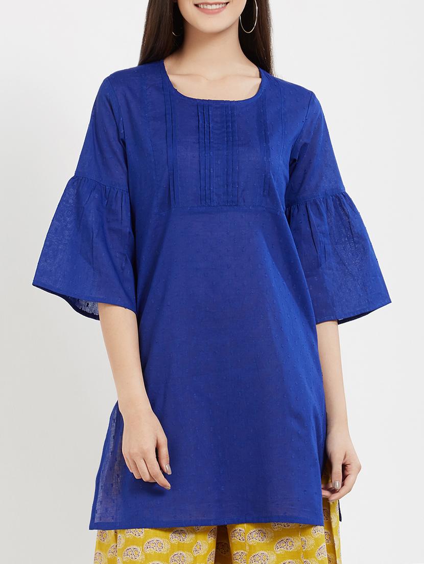 blue cotton solid kurta - 15082816 - Zoom Image - 1