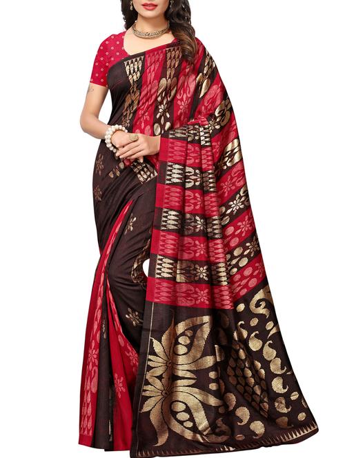maroon silk blend printed saree with blouse - 15083068 - Very Small Image - 1