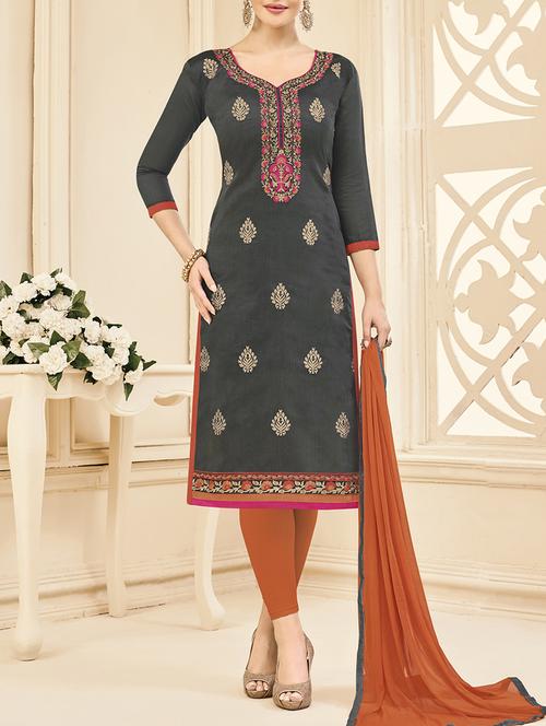 Grey embroidered unstitched churidaar suits - 15083084 - Standard Image - 1