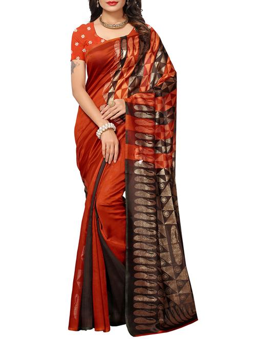 orange silk blend printed saree with blouse - 15083099 - Standard Image - 1