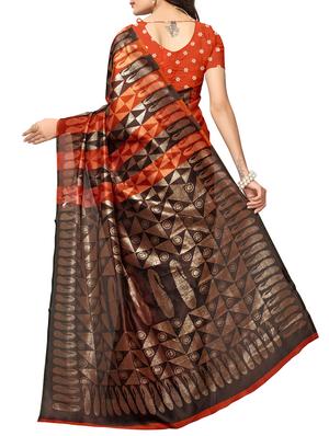 orange silk blend printed saree with blouse - 15083099 - Standard Image - 2