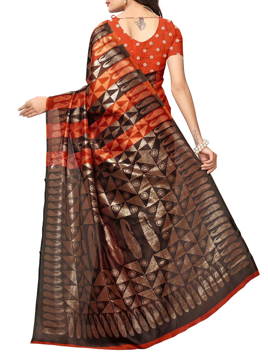 orange silk blend printed saree with blouse - 15083099 - Zoom Image - 2
