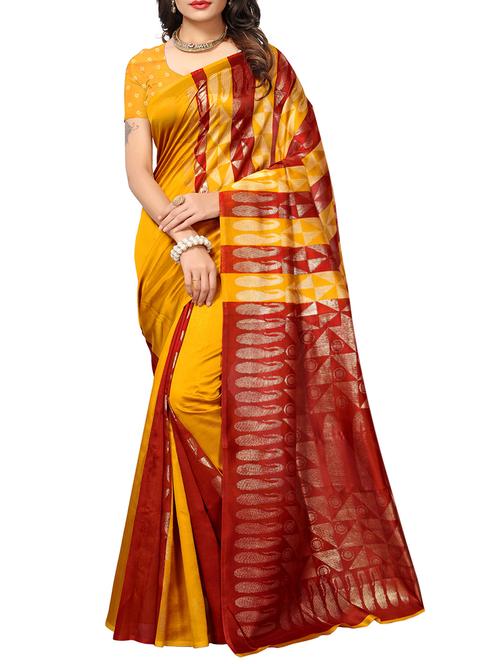 mustard silk blend printed saree with blouse - 15083101 - Standard Image - 1