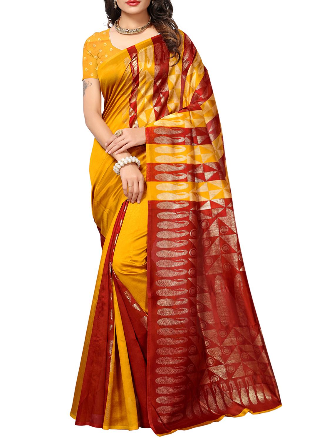 mustard silk blend printed saree with blouse - 15083101 - Zoom Image - 1