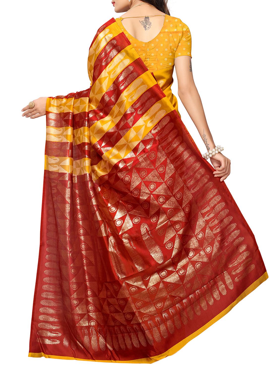 mustard silk blend printed saree with blouse - 15083101 - Zoom Image - 2