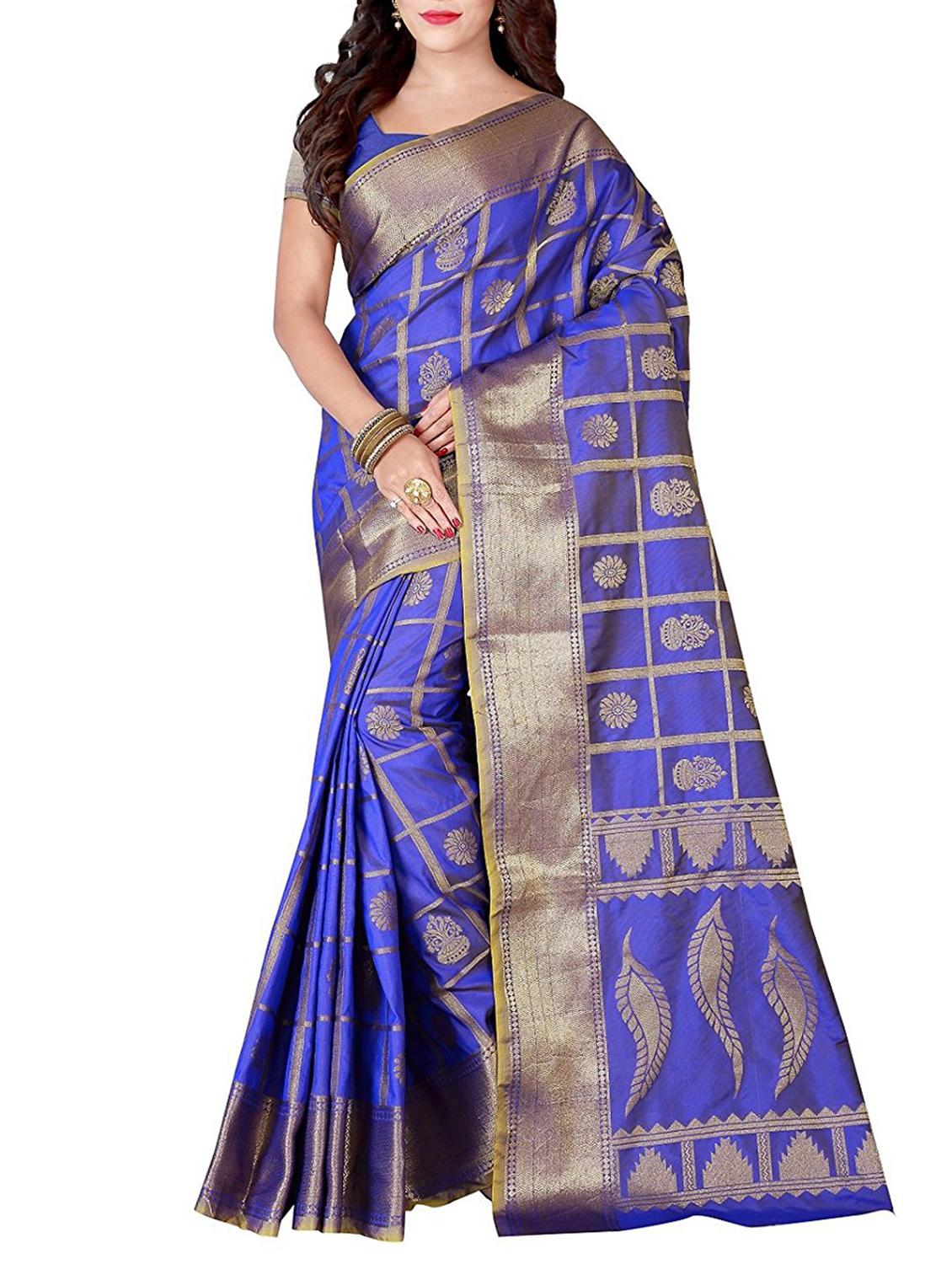 blue banarasi silk saree with blouse - 15084026 - Zoom Image - 1