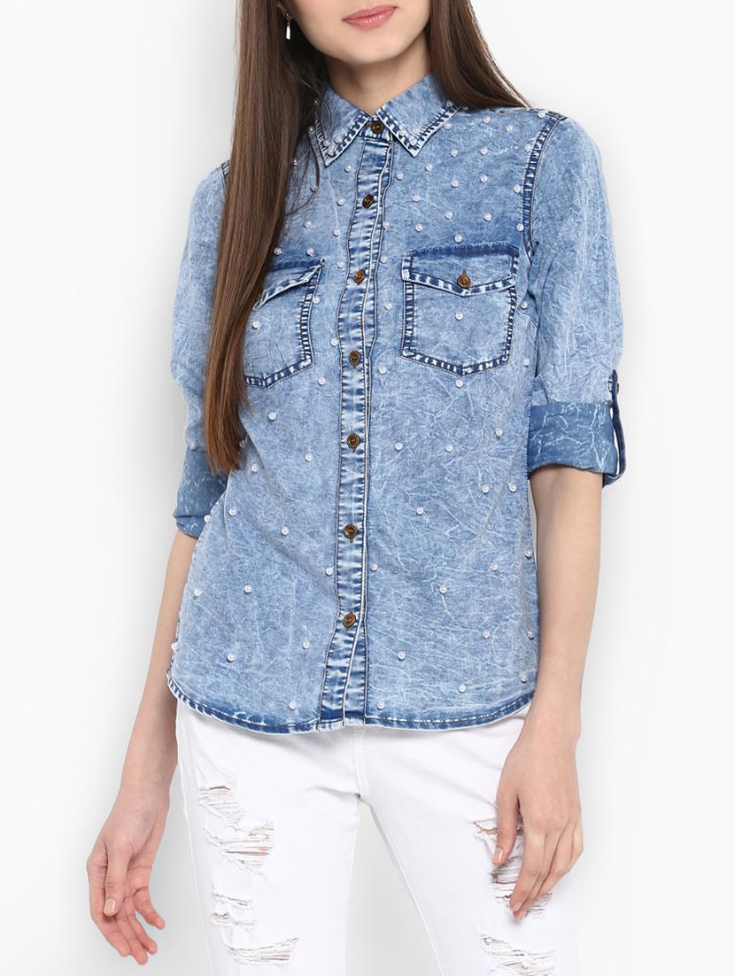 light blue solid embellished denim shirt - 15085661 - Zoom Image - 1