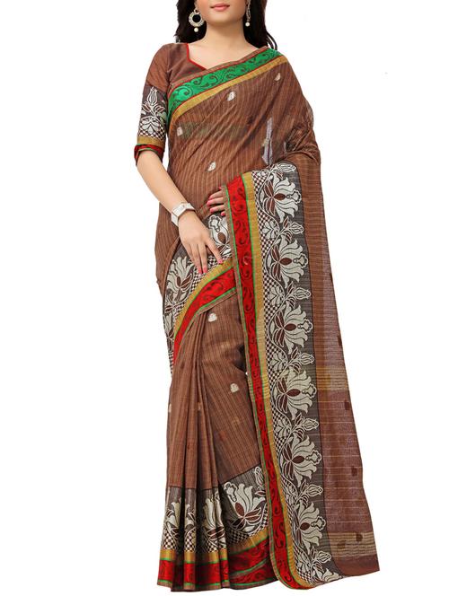 brown cotton blend woven saree with blouse - 15086044 - Standard Image - 1