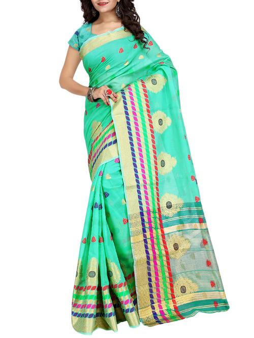 green cotton blend woven saree with blouse - 15086072 - Standard Image - 1