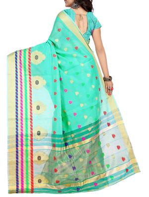 green cotton blend woven saree with blouse - 15086072 - Standard Image - 2