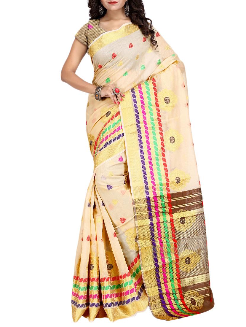 beige cotton blend woven saree with blouse - 15086073 - Zoom Image - 1