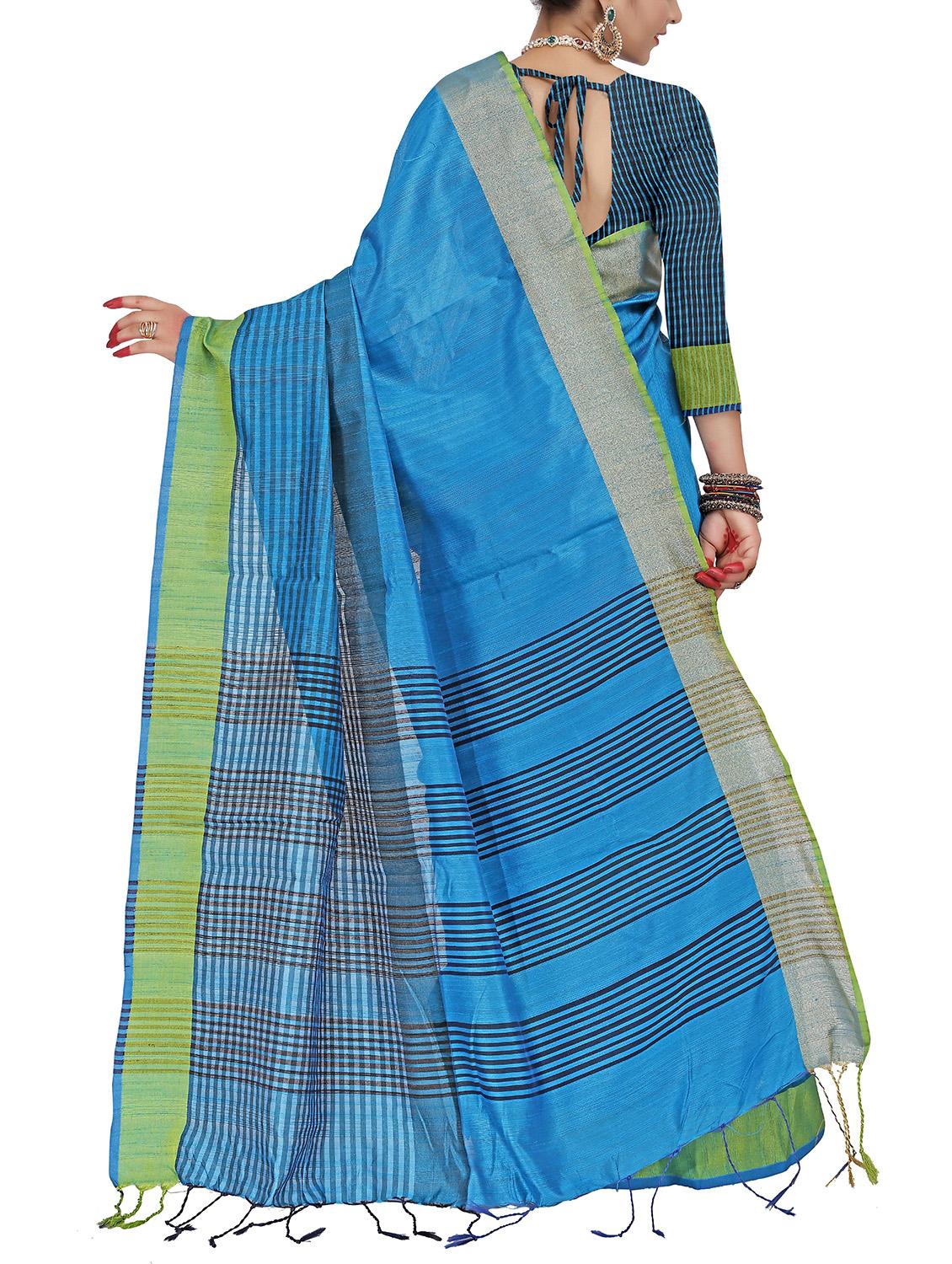 sky blue silk blend woven saree with blouse - 15086098 - Zoom Image - 2