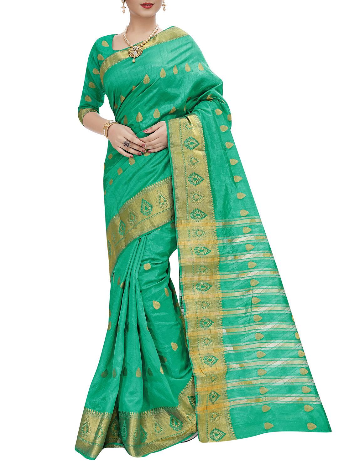 turquoise silk blend banarasi saree with blouse - 15086157 - Zoom Image - 1
