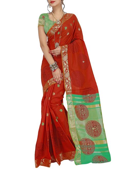 red silk blend woven saree with blouse - 15086248 - Standard Image - 1