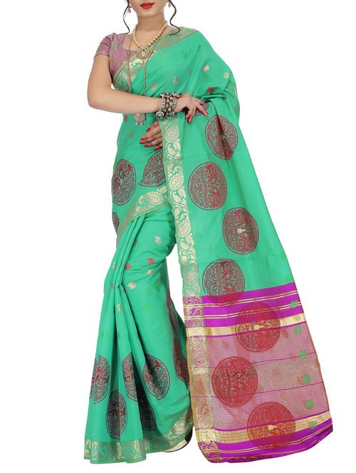 turquoise silk blend woven saree with blouse - 15086251 - Standard Image - 1