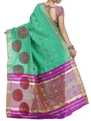 turquoise silk blend woven saree with blouse - 15086251 - Standard Image - 2