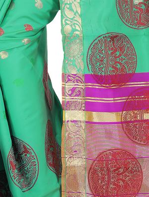 turquoise silk blend woven saree with blouse - 15086251 - Standard Image - 3