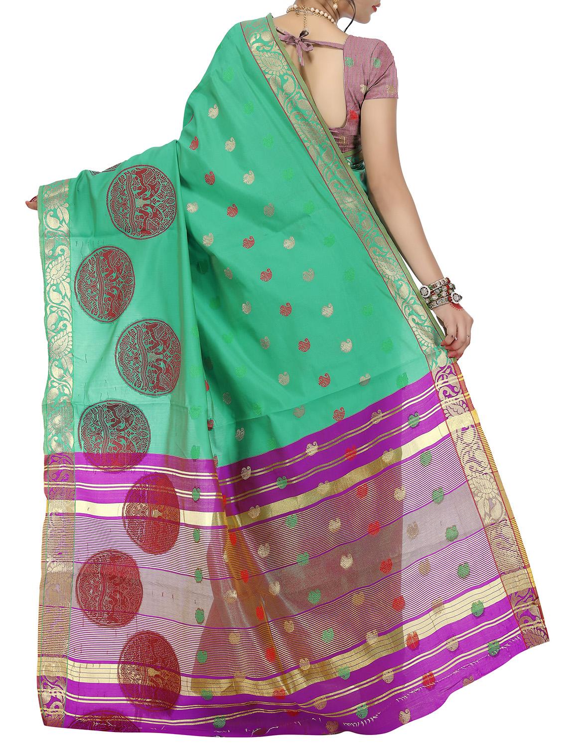 turquoise silk blend woven saree with blouse - 15086251 - Zoom Image - 2