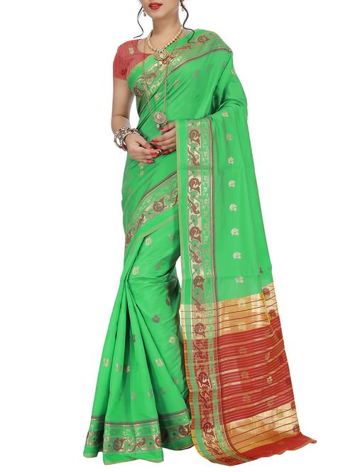 green silk blend woven saree with blouse - 15086252 - Standard Image - 1