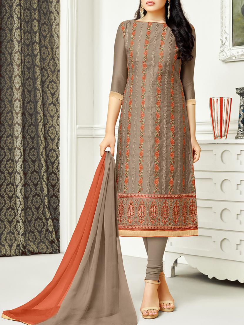 Brown cotton embroidered unstitched churidaar suit - 15086594 - Zoom Image - 1