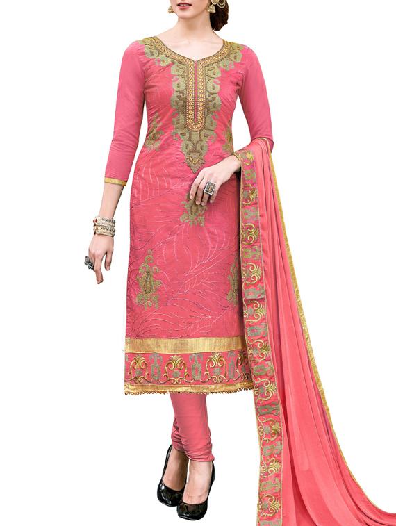 pink embroidered semi-stitched churidaar suit - 15090402 - Zoom Image - 1