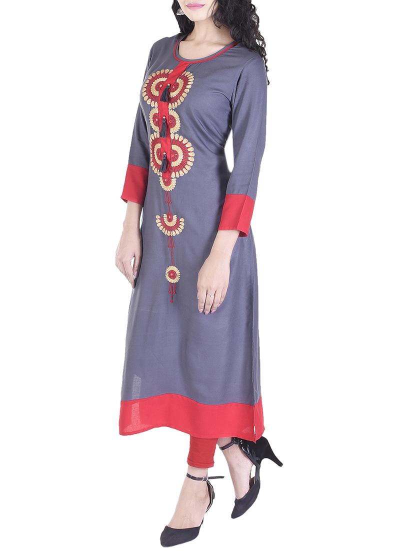 grey viscose straight kurta - 15091179 - Zoom Image - 2