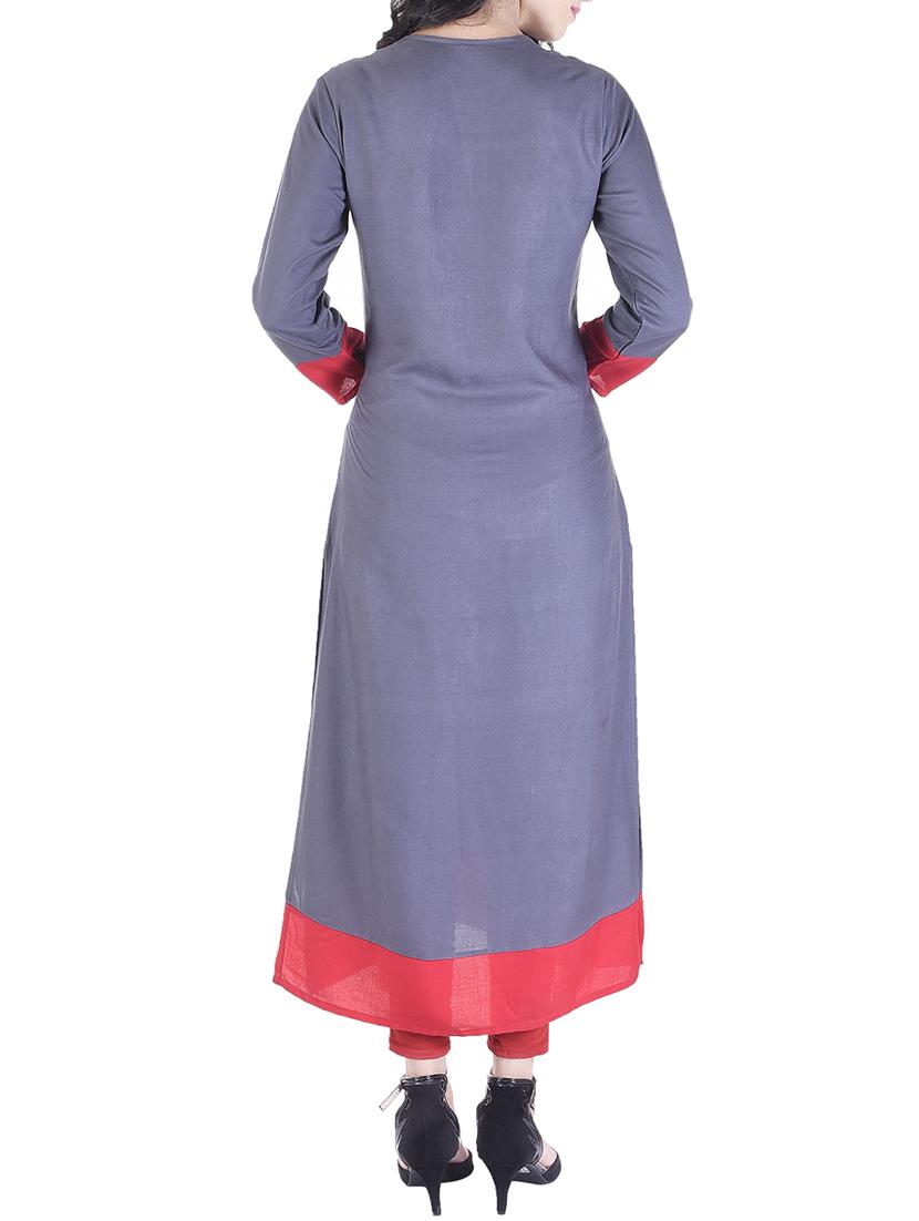 grey viscose straight kurta - 15091179 - Zoom Image - 3