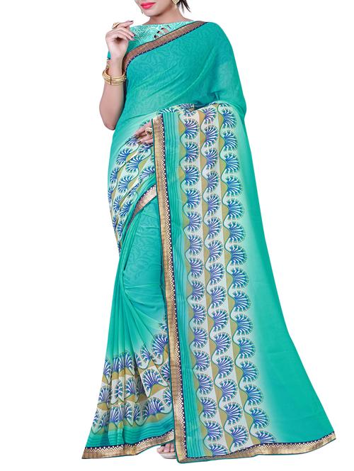 turquoise georgette printed saree with blouse - 15091645 - Standard Image - 1