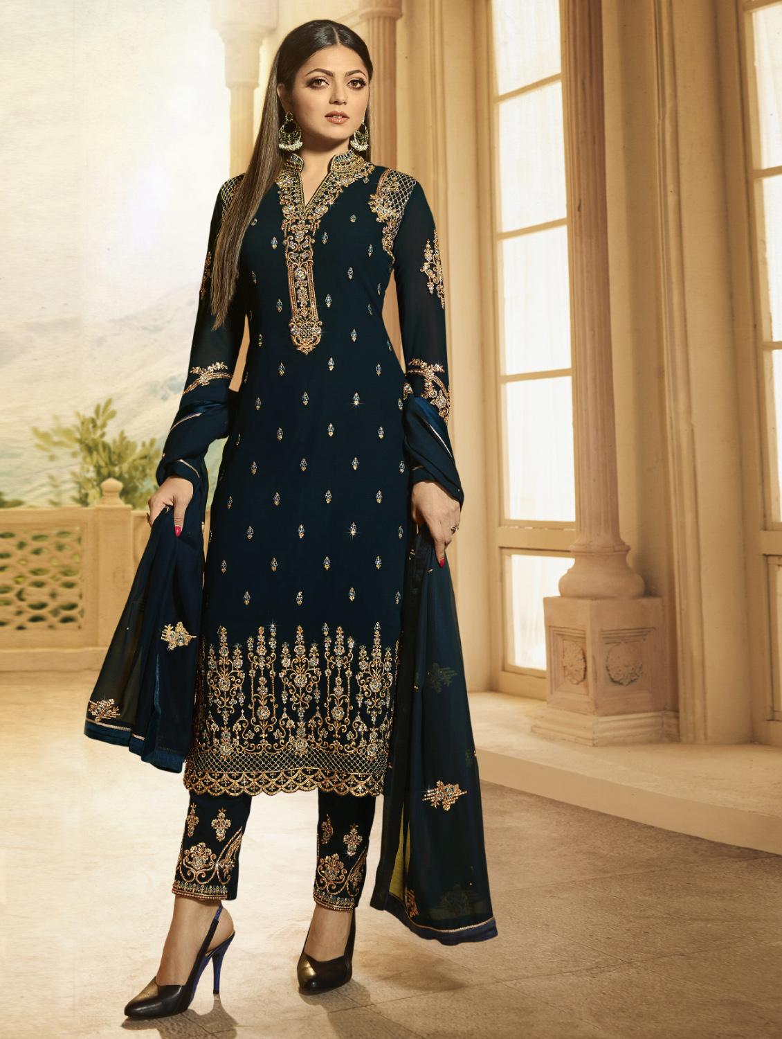 Blue georgette semi-stitched straight pant suit - 15091752 - Zoom Image - 1