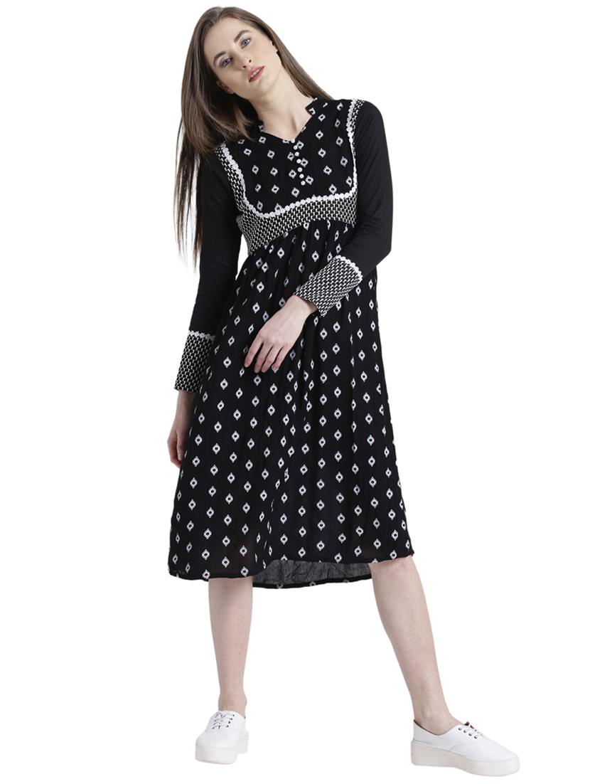 mandarin neck printed a-line dress - 15092382 - Zoom Image - 1