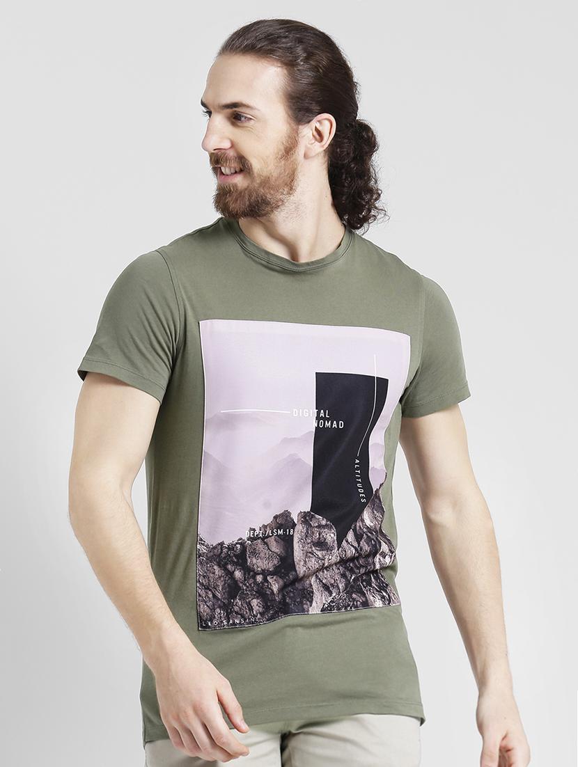 olive green cotton front print tshirt - 15092912 - Zoom Image - 1