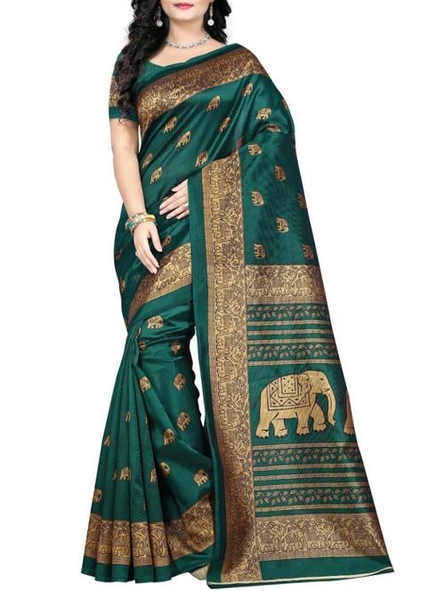green silk blend printed saree with blouse - 15092937 - Standard Image - 1