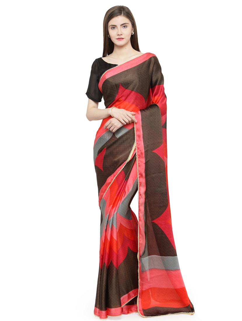 red satin printed saree with blouse - 15093276 - Zoom Image - 1