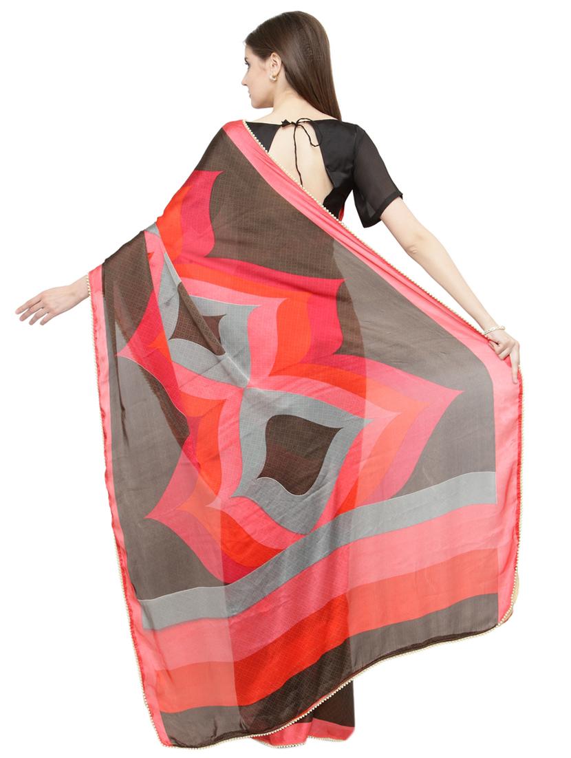 red satin printed saree with blouse - 15093276 - Zoom Image - 2