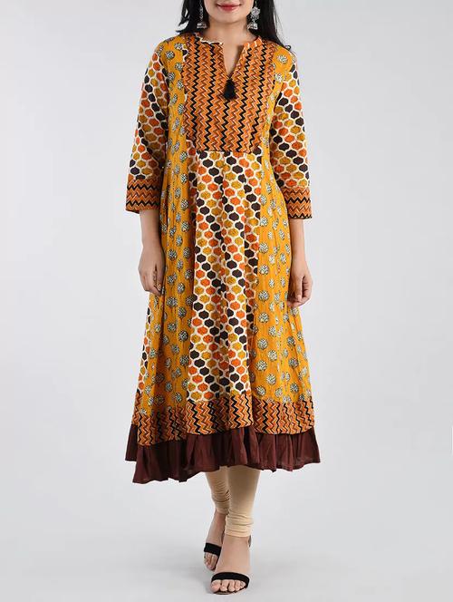 brown cotton flared kurta - 15094430 - Standard Image - 1