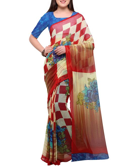 red georgette printed saree with blouse - 15096924 - Standard Image - 1