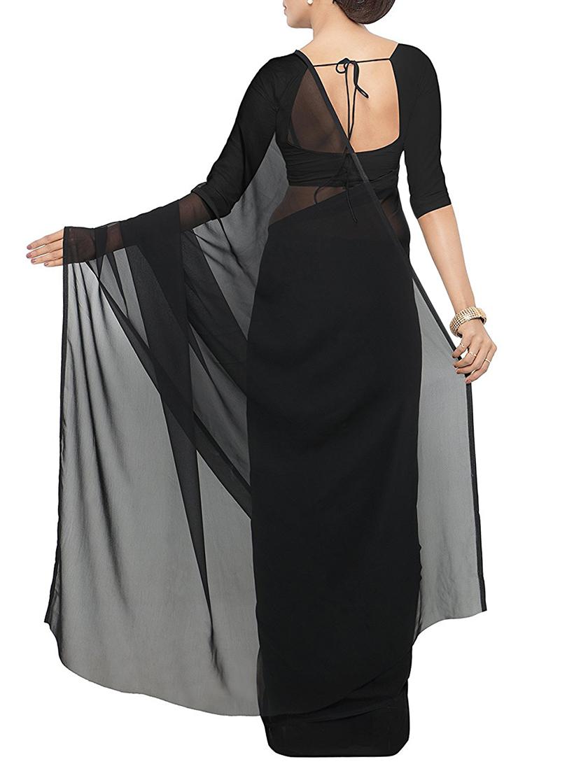 black georgette plain saree with blouse - 15097040 - Zoom Image - 2