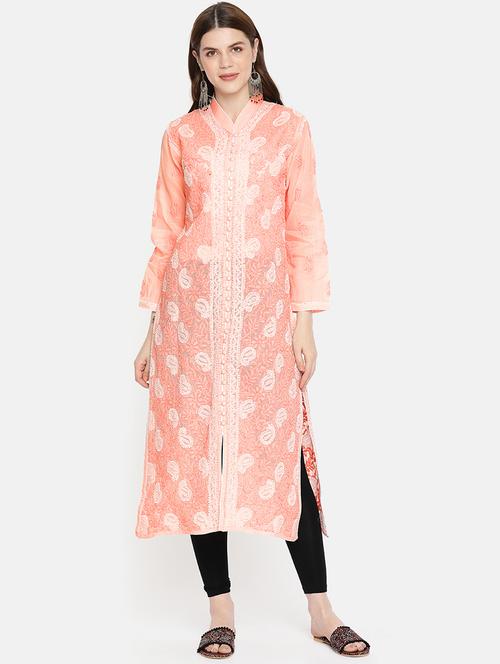 peach straight chikankari kurta - 15100040 - Standard Image - 1