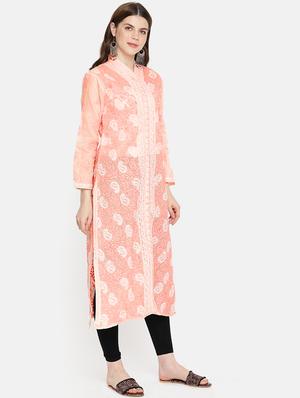 peach straight chikankari kurta - 15100040 - Standard Image - 2