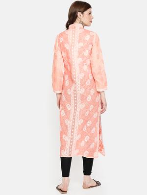 peach straight chikankari kurta - 15100040 - Standard Image - 3