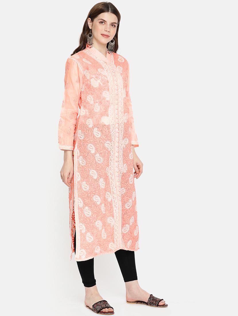 peach straight chikankari kurta - 15100040 - Zoom Image - 2