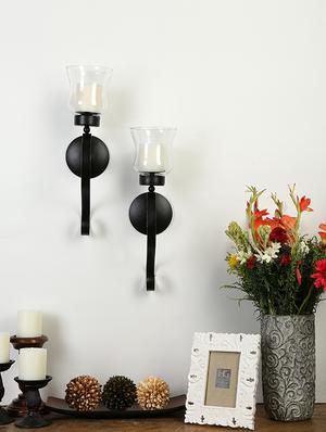 set of 2 decorative wall sconce/candle holder with clear glass chimney and free candles (black matte) - 15100054 - Standard Image - 2