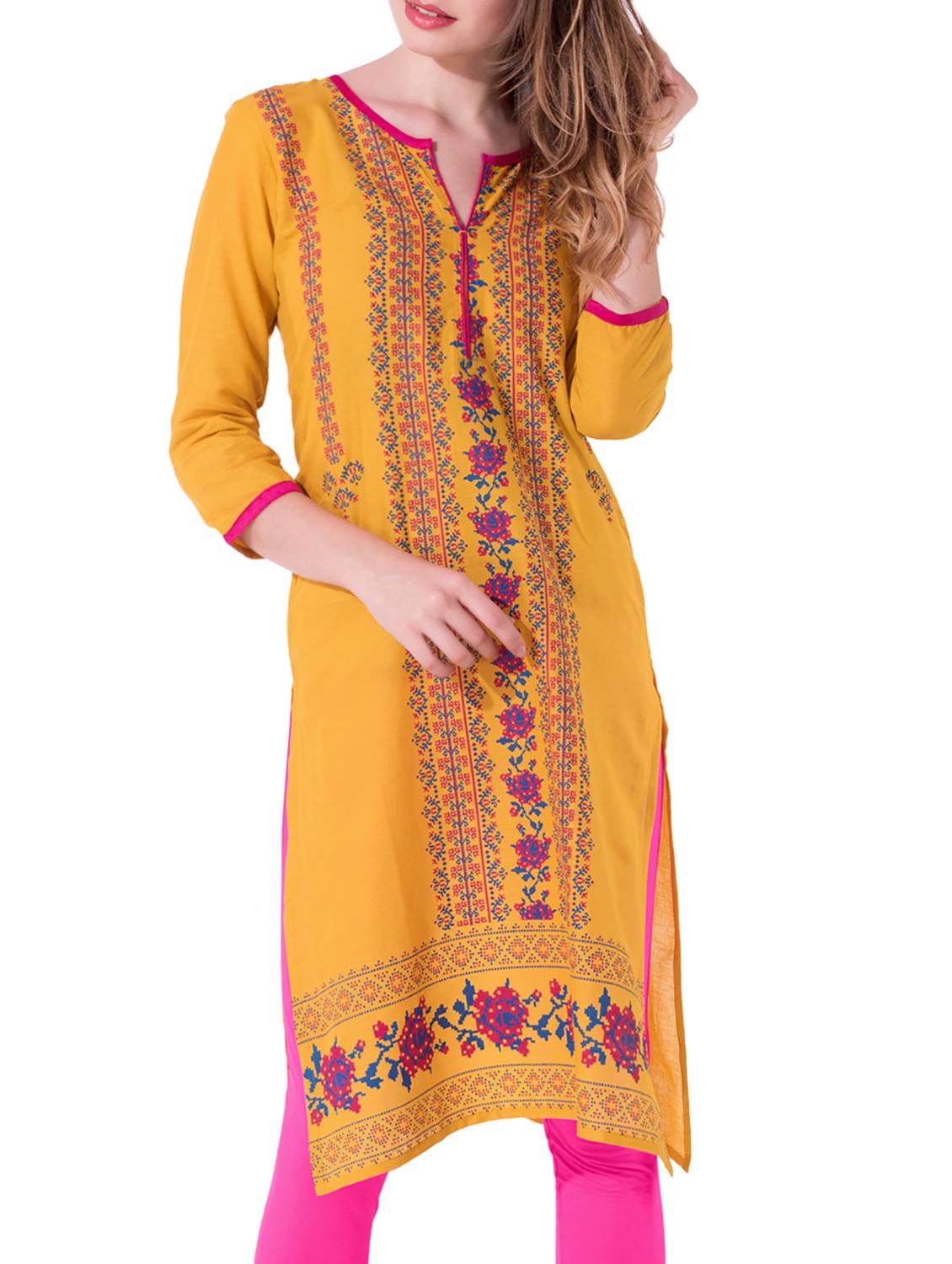 yellow cotton straight kurta - 15101197 - Zoom Image - 1