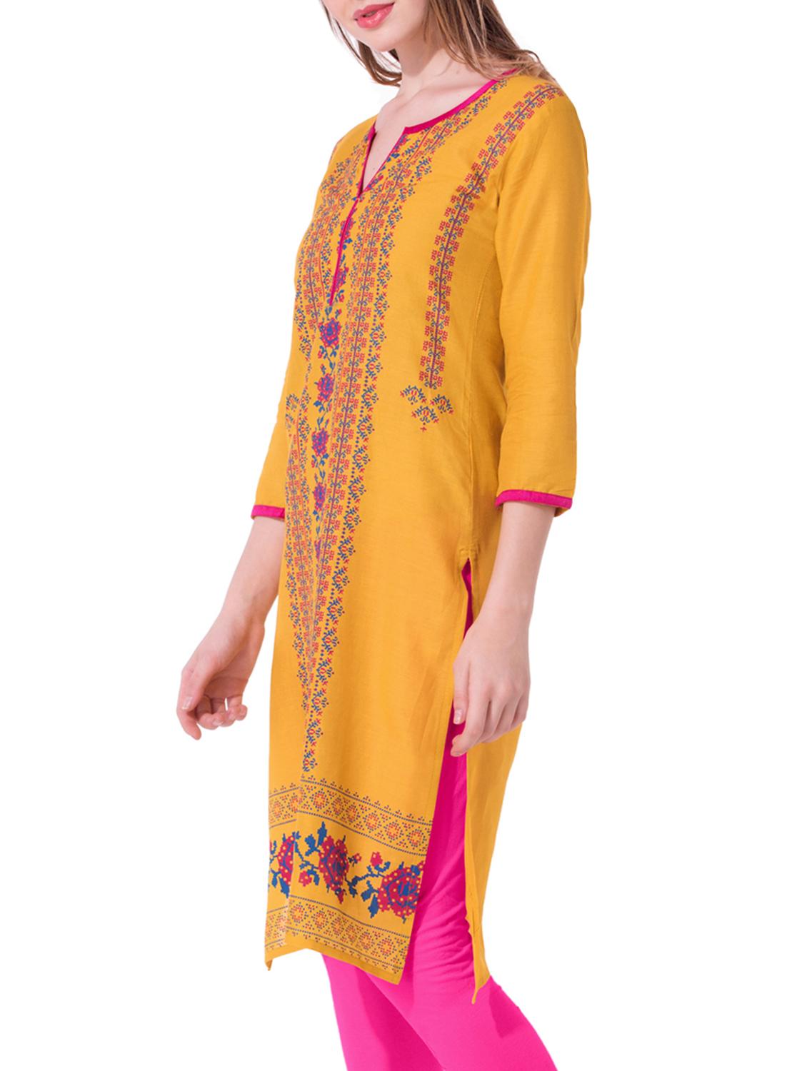 yellow cotton straight kurta - 15101197 - Zoom Image - 2