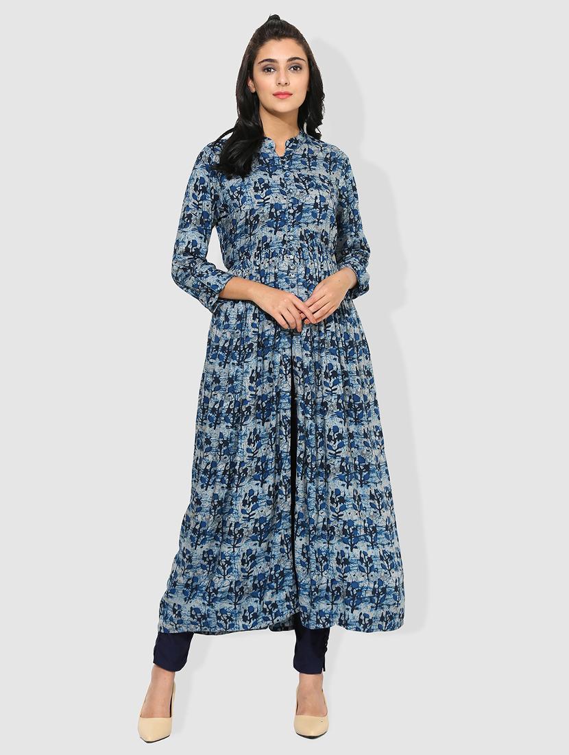 indigo high slit kurta - 15101214 - Zoom Image - 1