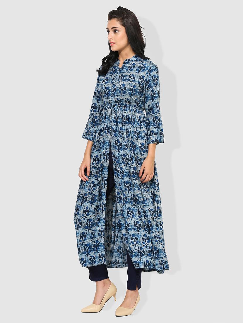 indigo high slit kurta - 15101214 - Zoom Image - 2