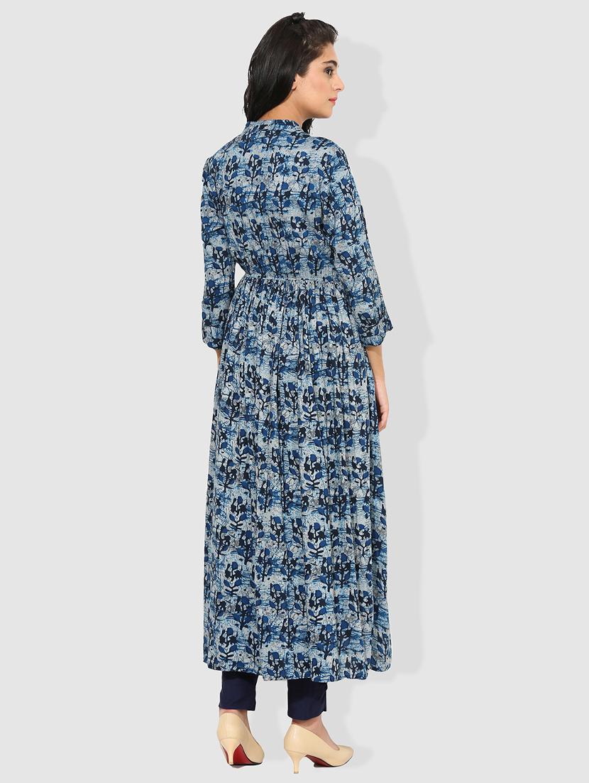 indigo high slit kurta - 15101214 - Zoom Image - 3