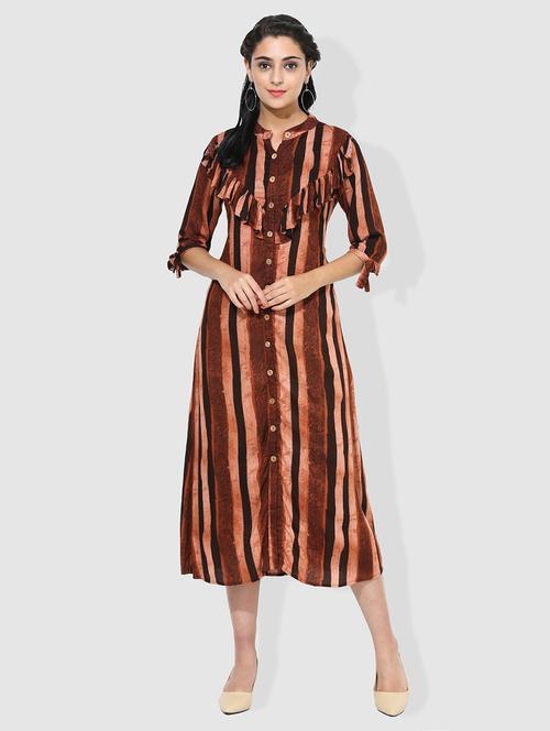 brown rayon fusion kurta - 15101227 - Standard Image - 1
