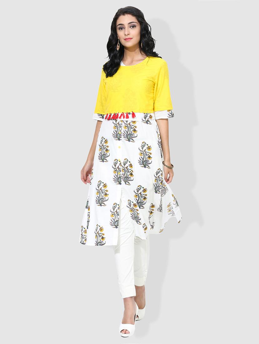 yellow cotton aline kurta - 15101230 - Zoom Image - 1